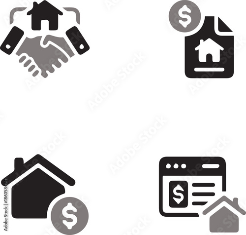 House for sale and home for rent icons- Buy property, online listing and lease agreement vector symbols.