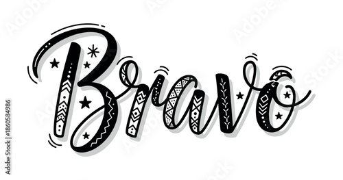 Bravo text design with intricate black and white patterns and stars