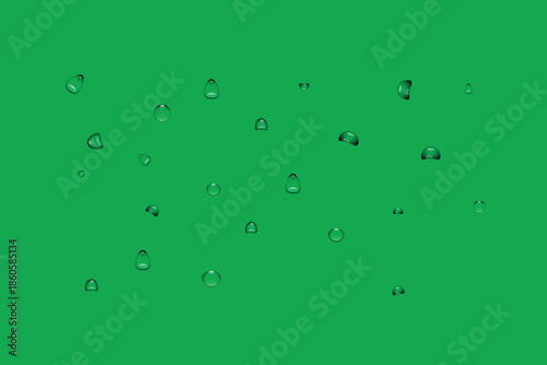 Transparent water droplets gracefully scattered across a vibrant green background, symbolizing freshness and purity