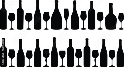 Wine bottles and glasses silhouettes illustration set with alcohol drinkware bar elements isolated white background black vector design