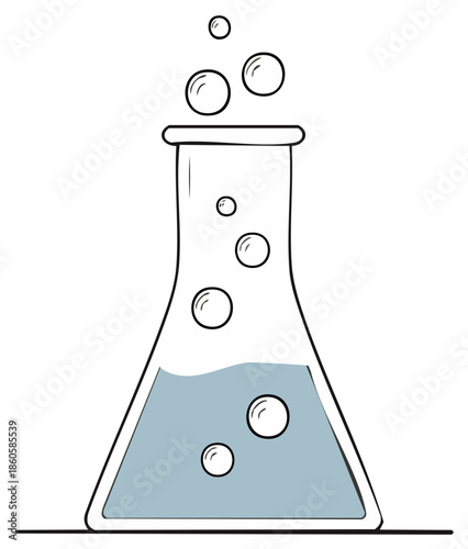 Bubbling chemical reaction in a laboratory flask hand drawn vector illustration