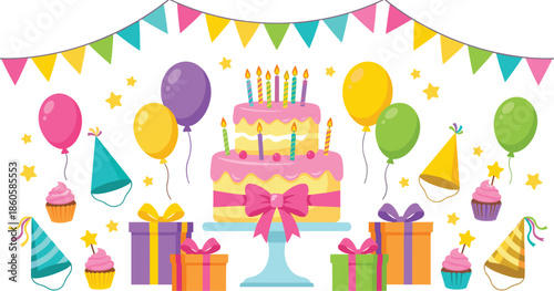 Colorful birthday party illustration with cake balloons gifts banners cupcakes festive celebration decorations isolated white background vector design