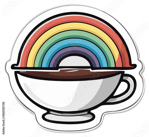 Rainbow over coffee cup sticker illustration, colorful vector design.