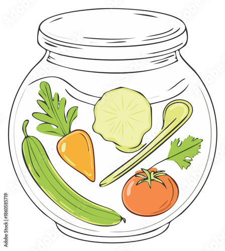 Cartoon style fresh vegetables in a transparent jar for healthy food preparation and pickling