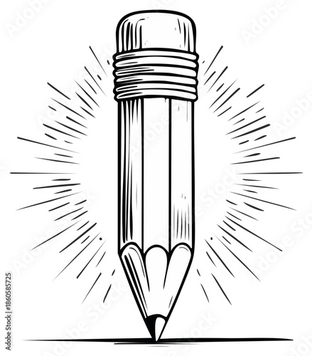 Detailed vector sketch of a pencil with an eraser at the top rendered in black and white with radiating light lines for creative projects
