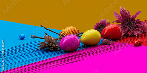 Colorful Easter eggs and flowers on vibrant striped background  