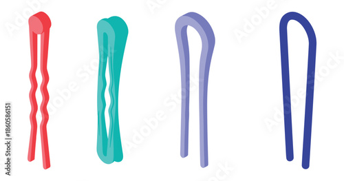 Colorful hairpins collection: red, turquoise, lavender, blue designs on white background