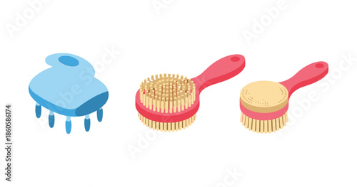 Set of scalp massagers and hair brushes on white background
