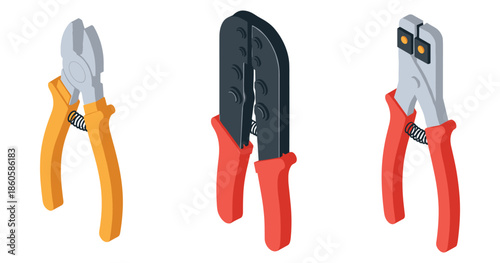 Set of hand tools: wire cutter, crimper, pliers with orange and red handles