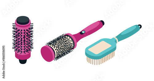 Colorful assortment of hairbrushes: round and paddle styles