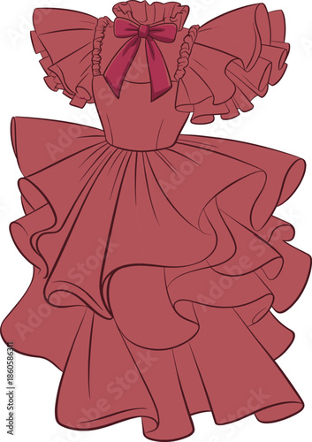 Elegant vintage ruffle dress CAD drawing, stylish fashion sketch, Victorian-inspired gown flat vector illustration, romantic evening wear design