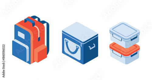 Isometric backpack cooler and lunchboxes set in blue and orange