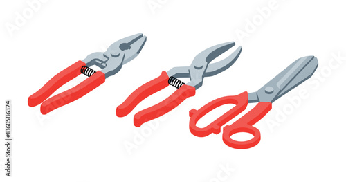 Set of pliers and scissors with red handles and springs on white background