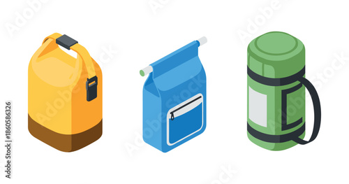 Colorful outdoor gear collection featuring waterproof bags and green thermos