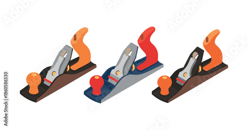 Set of three colorful hand planes for woodworking