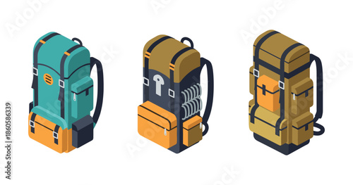 Three stylish hiking backpacks with unique designs on white background