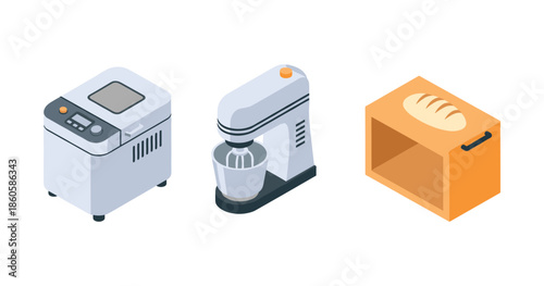 Kitchen appliances: bread maker, mixer, and freshly baked bread