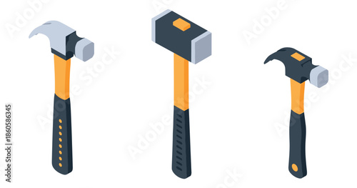 Isometric illustration of three hammers with black and orange handles