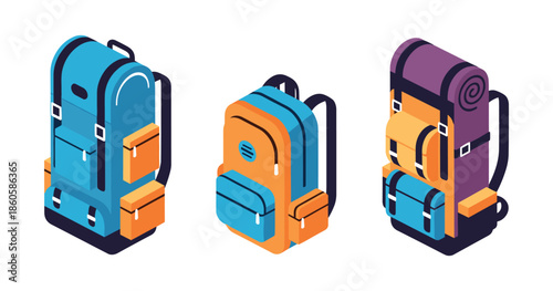 Colorful isometric backpacks for hiking and travel