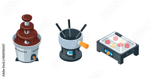 Kitchen appliances: chocolate fountain, fondue set, and electric griddle