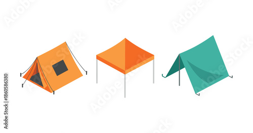 Three colorful camping tents: orange, red canopy, green tarp