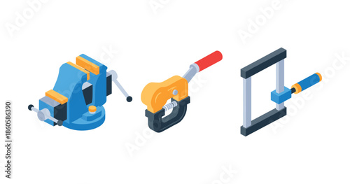 Colorful clamp tools illustration with blue vice, red pipe cutter, gray f clamp