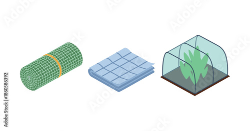 Gardening essentials: greenhouse, netting roll, and protective tarp illustration