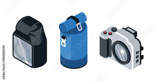 Camping gear icons: camera, backpack, sleeping bag in isometric style