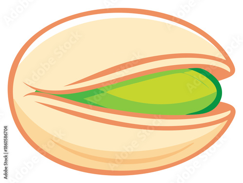 Illustration of a Pistachio Nut with Shell Showing Green Kernel, Food Concept