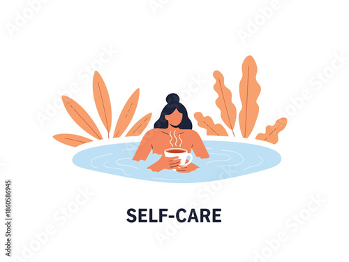 Woman Enjoying a Warm Beverage in a Serene Outdoor Bath Promoting Relaxation and Wellness