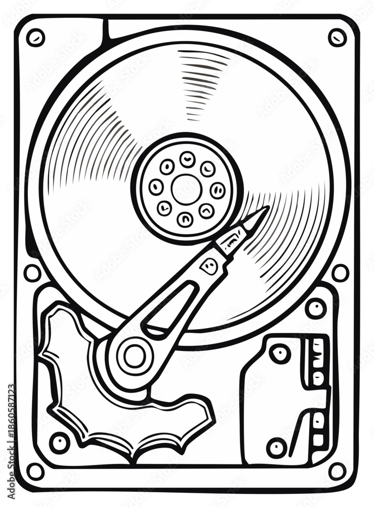 Fototapeta premium Detailed line art illustration of an open hard disk drive showing platters and read write arm
