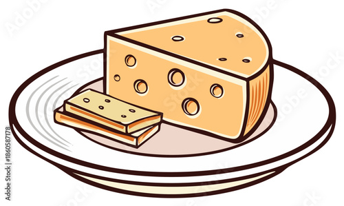 Cartoon Still Life with Cheese Wedge and Crackers on Round Plate Illustration