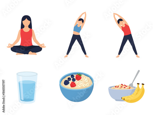 Healthy Lifestyle Elements Yoga Oatmeal and Water Concept