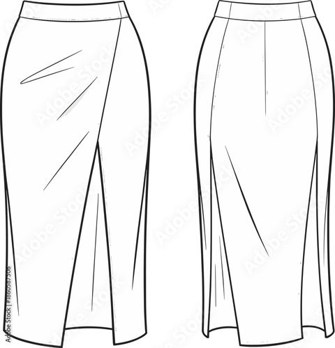 Elegant long pencil skirt with front slit, high waist, minimal seam lines, professional wear, CAD drawing, flat vector illustration
