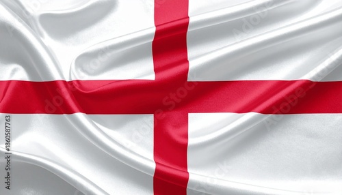 England flag with red cross on white background, waving dynamically in open air.