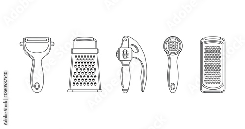 Kitchen utensils line art: grater, peeler, press, brush, and more