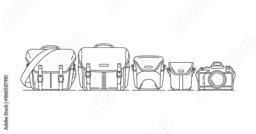 Minimalist line art illustration of camera bags and camera in a linear style
