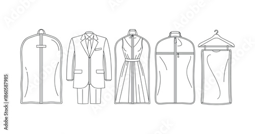Clothing garment bags with suit and dress - black and white line art
