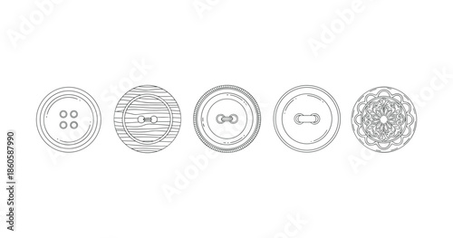 Collection of five diverse button designs in minimalist line art style