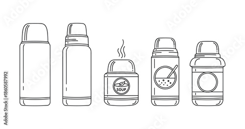 Set of thermos bottles and soup containers icons in line art style