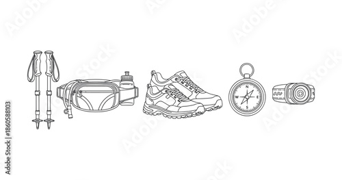 Outdoor hiking gear illustration with trekking poles, waist bag, shoes, compass, and watch