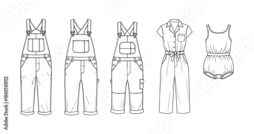 Fashion sketches of overalls and jumpsuits featuring casual designs