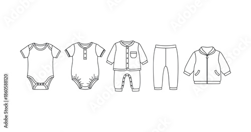 Line art baby clothes: onesies, jacket, pants set for newborns