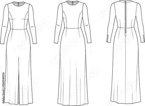 Elegant long sleeve fitted evening gown with back button closure, front and back flat sketch, fashion CAD design vector illustration