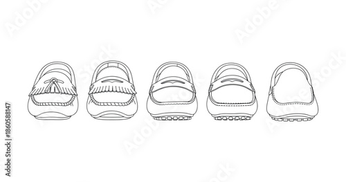 Line art of five classic loafers in a row