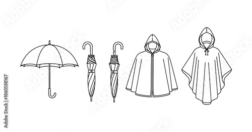 Line drawings of umbrellas and raincoats featuring various designs