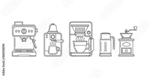 Line art: various coffee machines and accessories on white background