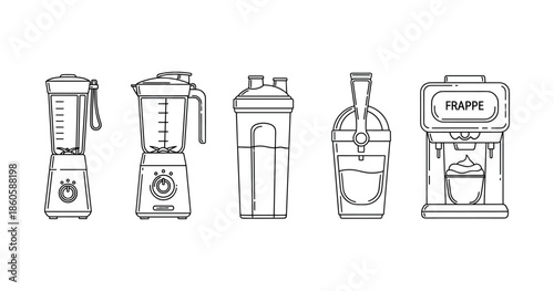 Collection of kitchen blenders and frappe maker line art design