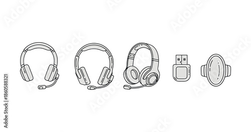 Variety of headsets and usb adapter line art collection