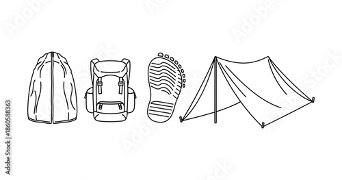 Backpacking essentials: tent, backpack, sole print for outdoor adventures